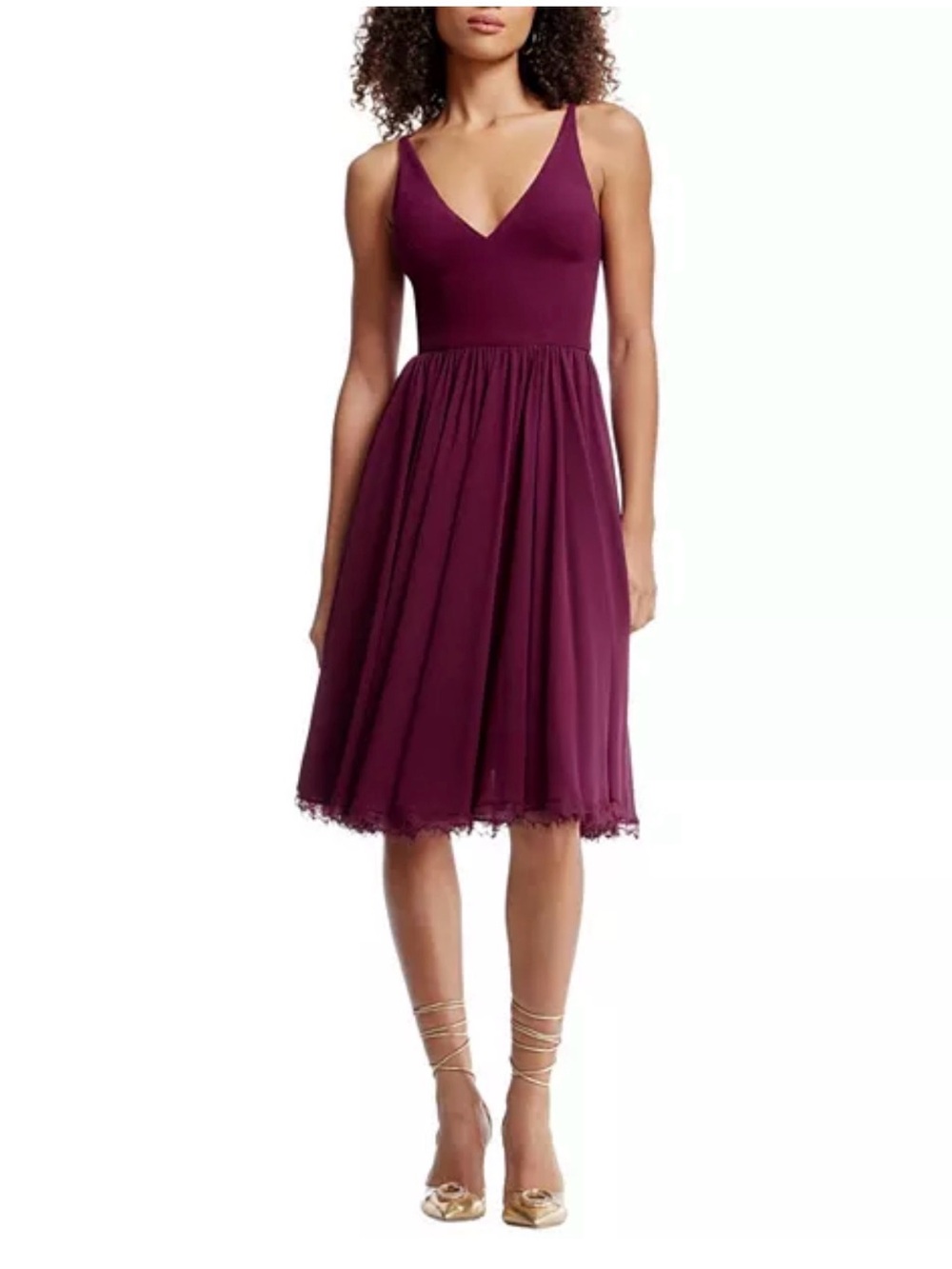 Dress the Population Burgundy Chiffon Fit & Flare Midi Dress XS V Neck
